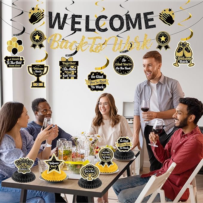 12pcs Welcome Back to Work Decorations Office Black Gold So Glad You're Back To Work Banner and Hanging Swirls Table Centerpieces Office Party Supplies for Indoors Outdoors