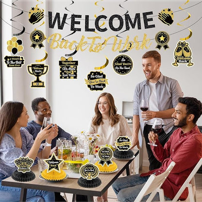 12pcs Welcome Back to Work Decorations Office Black Gold So Glad You're Back To Work Banner and Hanging Swirls Table Centerpieces Office Party Supplies for Indoors Outdoors