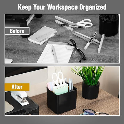 Mind Reader 2-Compartment Desktop Organizer, Removable Wood Divider, Non-Slip Base, Plastic and Wood, Black