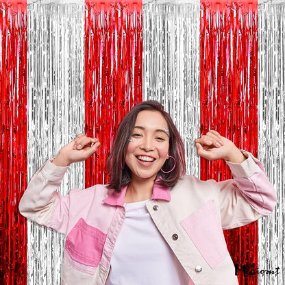 4 Pack 3.2Ft x 8.2Ft Red and Silver Fringe Curtain Backdrop, Metallic Tinsel Foil Fringe Streamers Curtains Background for Photo Booth Wedding Circus Welcome Carnival Birthday Party Decorations