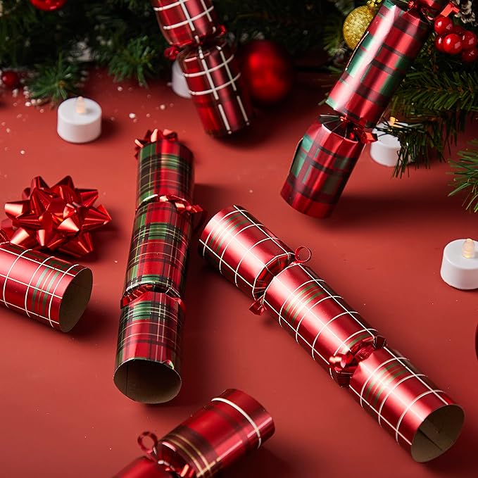 JOYIN 8 Pack Christmas Non-Snap Party Favor, Red Check Plaid Party Table Favor Includes Party Hat, Jokes & Gifts, Xmas Gifts Prizes for Christmas Holiday Dinner Traditions Supplies
