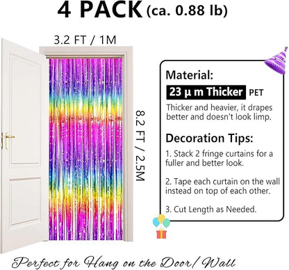 Thicken Rainbow Streamers 4 Pack 3.2 x 8.2 FT, Rainbow Birthday Decrorations Tinsel Backdrop Curtains, Foil Fringe Photo Backdrop for Birthday Decorations, 80s 90s Party Decorations