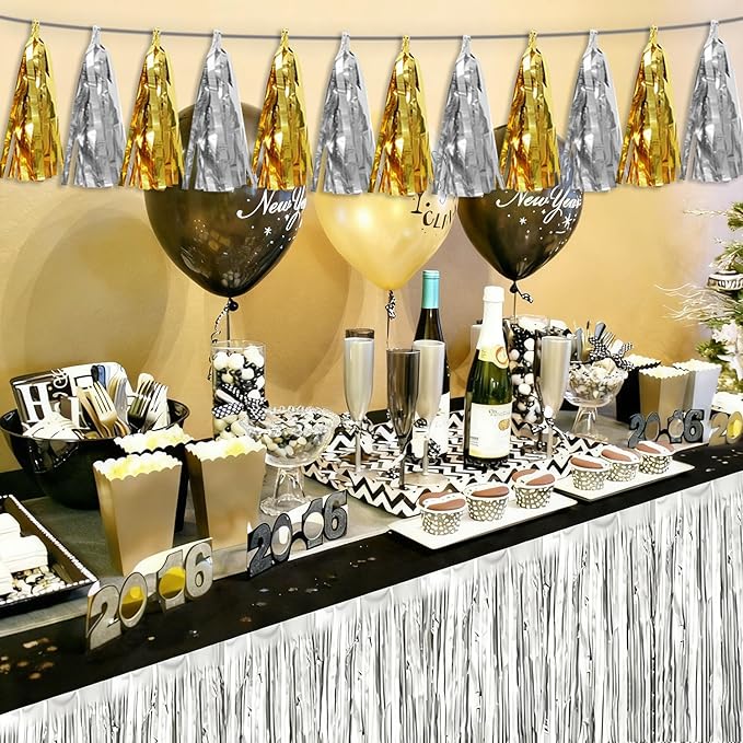 3P Gold Silver Tassel Banner Garland Metallic Foil Fringe Banner Tinsel Tassels Streamer Banner Backdrop for Parade Floats, Graduation Decorations, Father' Day, Halloween, Christmas Decorations