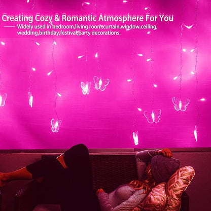 Butterfly Curtain Fairy Lights USB Plug in,120 LED 8 Modes 20FT Firefly Twinkle Icicle String Lights with Remote Timer Waterproof Copper Wire for Bedroom Patio Christmas Wedding Party Dorm(Pink)