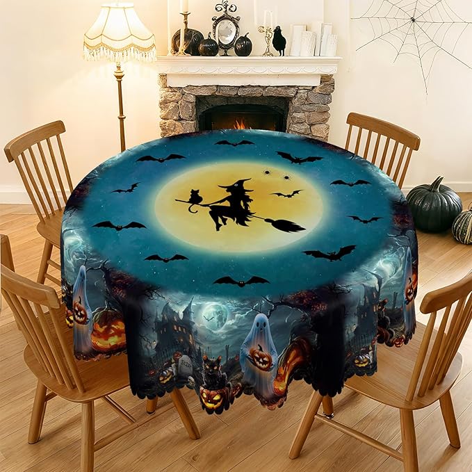 Eikione Round Tablecloth 60inch, Halloween Blue Bat Tablecloth Waterproof and Wrinkle-Free, Table Covers, Summer Decorations for Home Dining