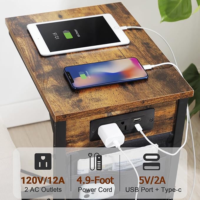 AMHANCIBLE C Shaped End Table with Charging Station, TV Tray Set of 2, Couch Tables with Storage Bag, Slide Under Sofa Side Table with USB Ports and Outlets for Living Room, Rustic Brown HET04CBR