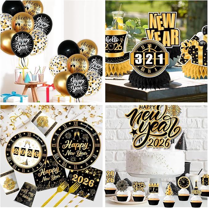 New Years Decorations 2026,new Years Eve Party Supplies Gold and Black Nye Party Decorations include Gold Number 2026 Banner,Tablecloth,Cup,Balloon,Cake Topper,Plates and Napkins for Happy New Years