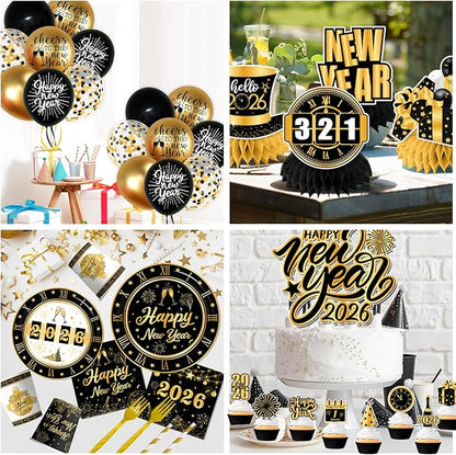 New Years Decorations 2026,new Years Eve Party Supplies Gold and Black Nye Party Decorations include Gold Number 2026 Banner,Tablecloth,Cup,Balloon,Cake Topper,Plates and Napkins for Happy New Years
