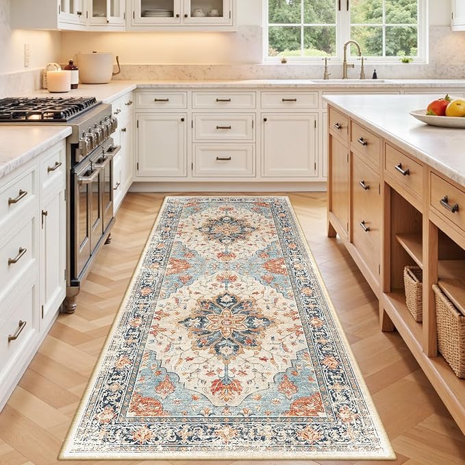 Area Rugs 3'x8' Runner Rug Non Slip Washable for Kitchen Hallway Bedroom Beside Laundry Room Bathroom Rug, Floor Carpet, Beige Navy Blue Orange Colorful