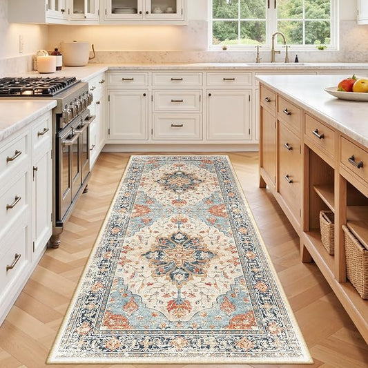 Area Rugs 3'x8' Runner Rug Non Slip Washable for Kitchen Hallway Bedroom Beside Laundry Room Bathroom Rug, Floor Carpet, Beige Navy Blue Orange Colorful