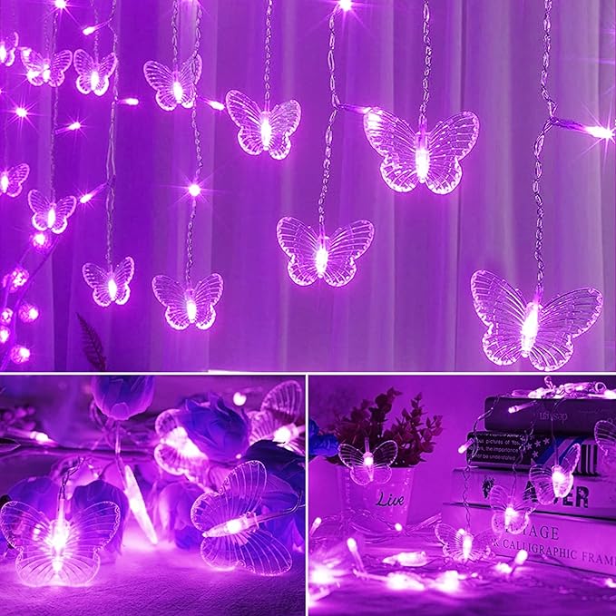 Purple Butterfly Curtain Fairy Lights USB Plug in,120 LED 8 Modes 20FT Firefly Twinkle Icicle String Lights with Remote Timer Waterproof for Halloween Bedroom Christmas Wedding Party Dorm