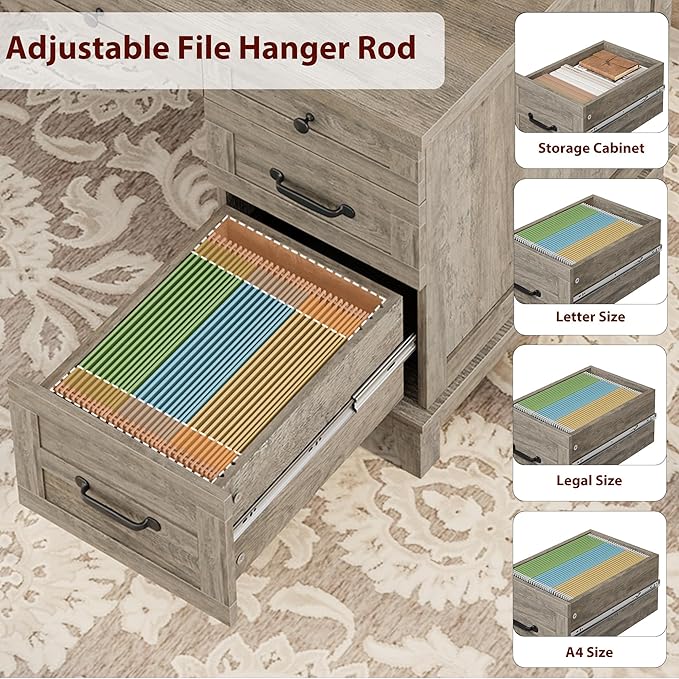 GarveeHome Farmhouse Executive Desk with Drawers, 53.54 in Home Office Desk with Charging Station, Wooden Computer Desk with File Cabinet Storage for Work Study Writing, Rustic Gray