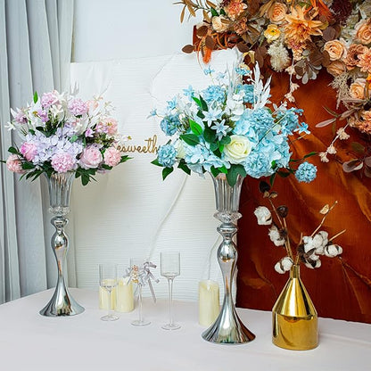 LANLONG Silver Metal Trumpet Vase, 22in Wedding Reception Centerpiece, 2Pcs Set, with Crystal Bead for Home Decor