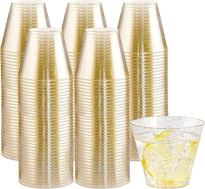I00000 200pcs Gold Plastic Cups - 9 OZ Hard Gold Glitter Disposable Cups for Cocktail & Drinking - Premium Disposable Plastic Glasses with Gold Glitter for Fancy Wedding Cups Elegant Party Glasses
