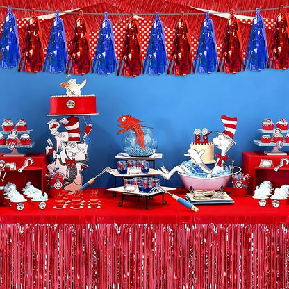 3P Blue Red Tassel Banner Garland Metallic Foil Fringe Banner Tinsel Tassels Streamer Banner Backdrop for Parade Floats, Graduation, Independence Day, 4th of july, Patriotic Themed Party Decoration