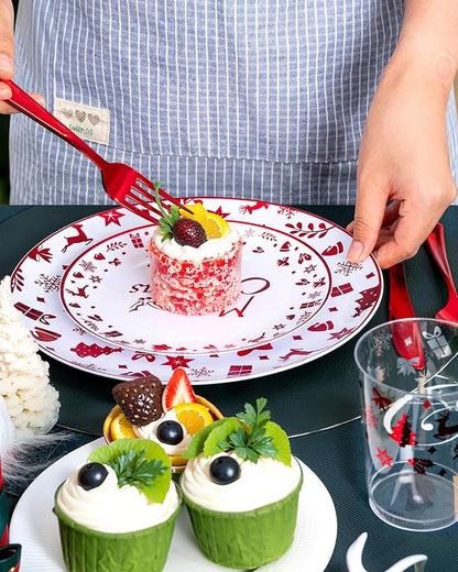 Ciaell 175PCS Christmas Plastic Plates - Red Plastic Plates - Christmas Disposable Dinnerware Sets Include 50Plates, 75Silverware, 25 Cups and 25Napkins for Xmas Parties