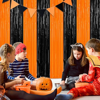 2 Pack Halloween Photo Backdrop, 3.28 FT x 7.05 FT Orange and Black Party Streamer, Metallic Foil Fringe Curtains Tinsel Backdrop, Halloween Birthday Party Decorations Hanging Decor Indoor