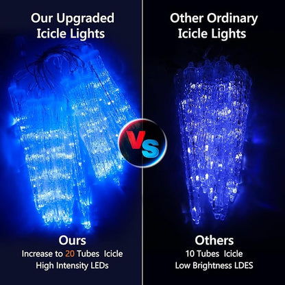 Joomer Blue Christmas Icicle Lights, 13FT 20 Tubes 90 LED 8 Modes Icicle Lights with Timer Function, Waterproof Connectable Ice String Lights for Holiday Home Patio Trees Christmas Decoration