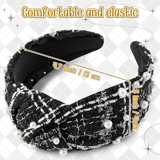 PANTIDE Pearl Jeweled Knotted Headband - Classics Black White Buffalo Lattice Cropped Tweed Pearl Embellished Headband Wide Top Knot Hairband Accessories Birthday Gift for Women Girl (Black Plaid)