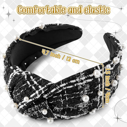 PANTIDE Pearl Jeweled Knotted Headband - Classics Black White Buffalo Lattice Cropped Tweed Pearl Embellished Headband Wide Top Knot Hairband Accessories Birthday Gift for Women Girl (Black Plaid)