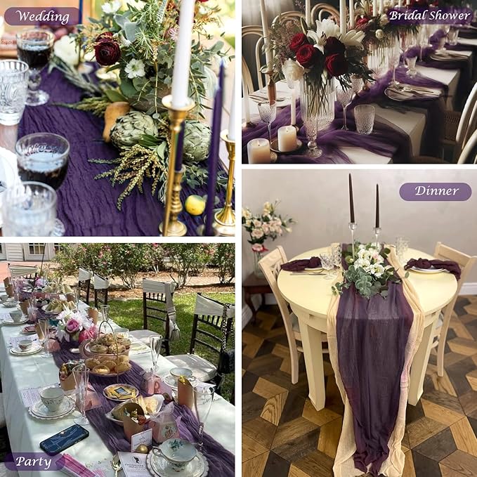 3 Pack 10FT Dark Purple Cheesecloth Table Runner 35x120 Inch Boho Gauze Table Runner Rustic Cheese Cloth Long Romantic Table Runners for Wedding Bridal Shower Birthday Party Table Decor (Grape)