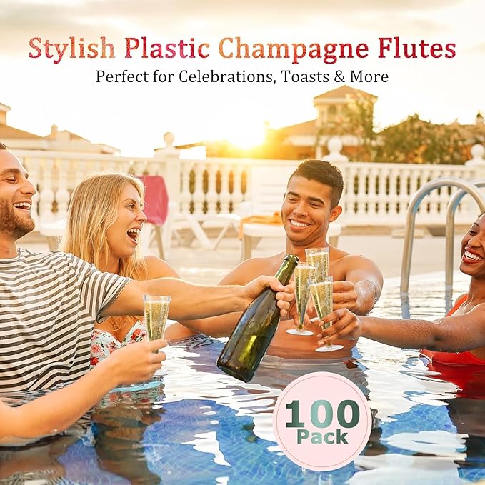 100 Pack Plastic Champagne Flutes Disposable Champagne Glasses, 4.5 Oz Clear Mimosa Glasses Bulk Cocktail Toasting Cups for Party Supplies Wedding Bride Bar, Copas De Plastico Para Brindis