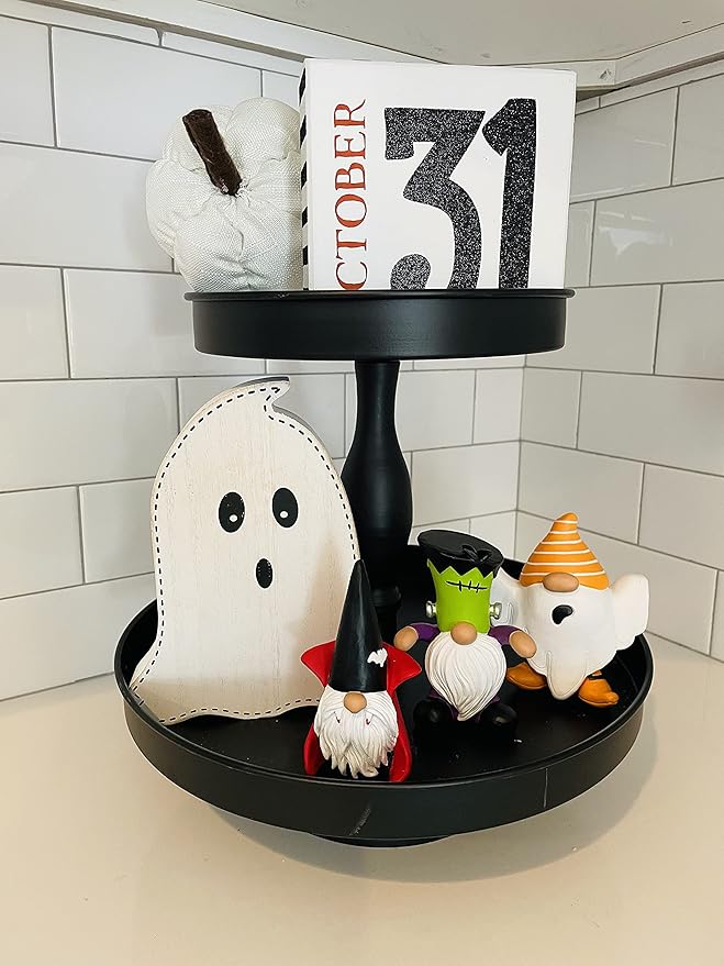 Madanar Resin Halloween Gnomes 3 Piece Set Tiered Tray Swedish Dwarf Shelf Kitchen Mantel Table Fall Home Decorations - Frankenstein, Ghost, Dracula (Halloween)