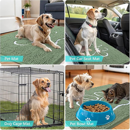 OLANLY Dog Door Mat for Muddy Paws 30x20, Paw Print Design, Absorbs Moisture and Dirt, Non-Slip Washable Doormat, Quick Dry Chenille Mud Mat, Entry Indoor Entryway Carpet, Olive Green and White