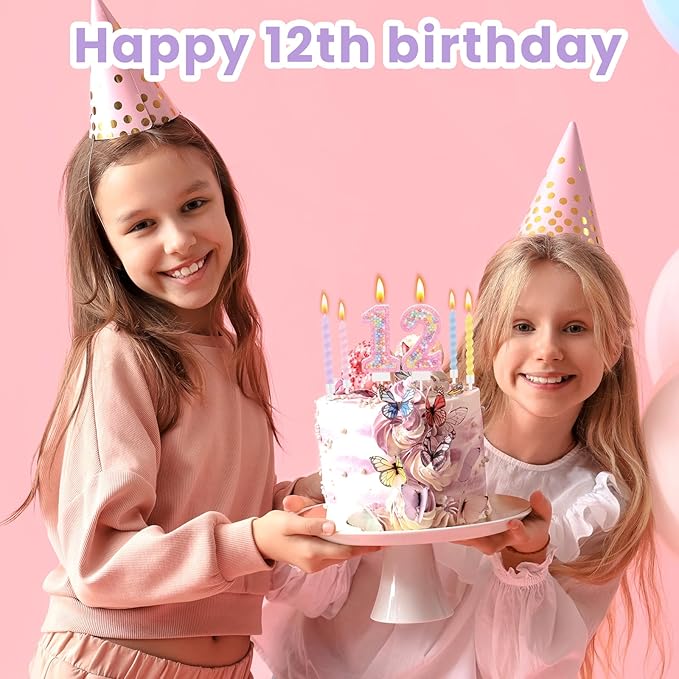 MTLEE Number 12 Birthday Candle with 12 Pcs Spiral Candles for Girls Macaron Pastel Rainbow Unicorn Pink Cake Topper for Sweet Theme Party Decoration