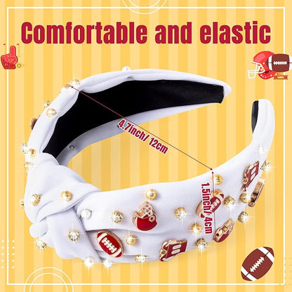 PANTIDE Football Jeweled Knotted Headband - Red Football Rhinestone Crystal Embellished Headband Wide Top Knot Fashion Hairband Mom Accessories Sports Game Day Birthday Gift for Fan Women Girl (White)