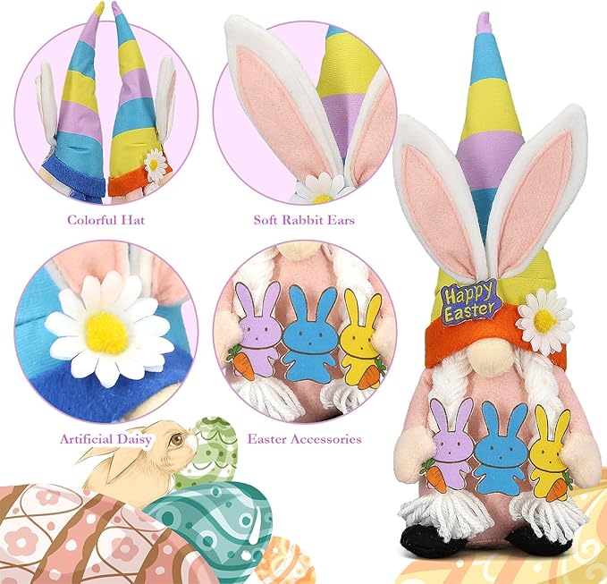 Lovinland Easter Decorations - Bunny Gnomes Decor for Home, Indoor, Tiered Tray, Office, Desk - Spring Rabbit Stuffed Centerpiece Table