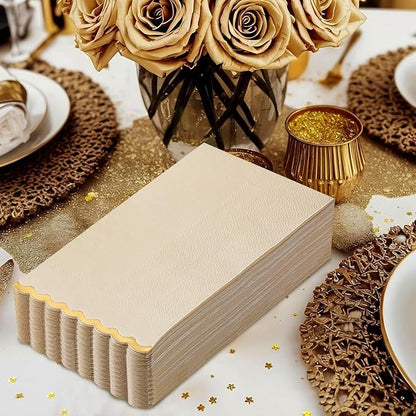 50 Beige Paper Napkins Decorative, Gold Foil Scalloped Edged Guest Napkins Disposable, Dinner Napkins for Wedding, Shower Baby, Birthday Parties Supplies(4 x 8 In, Beige)