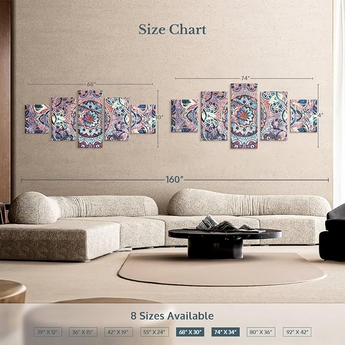 ElephantStock - Mandala Enchantment Wall Art - Horizontal Multi Panel Canvas - 5 Piece Living Room Wall Decor - Digital Art Elements Multi Piece Wall Art - Blue And Beige Decor - 68" x 30"
