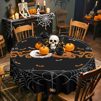 Eikione Round Halloween 60In Tablecloth, Spider Haunted House Decorative Table Cloth, Waterproof and Washable Fabric Table Cover for Party Kitchen Dining Room
