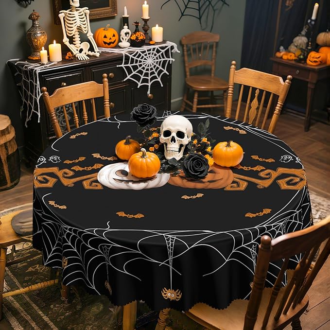 Eikione Round Halloween 70In Tablecloth, Spider Haunted House Decorative Table Cloth, Waterproof and Washable Fabric Table Cover for Party Kitchen Dining Room