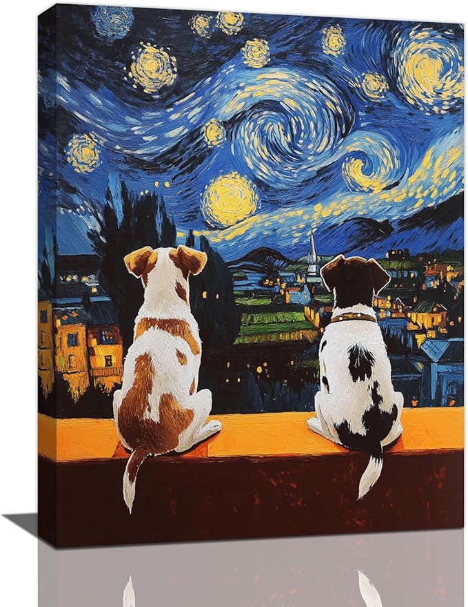 Dog Wall Art, Starry Night Dalmatian Pictures Wall Decor, Dogs Canvas Prints Painting, Framed Artwork for Bathroom Living Room Bedroom Office Dining Room 16"X12"