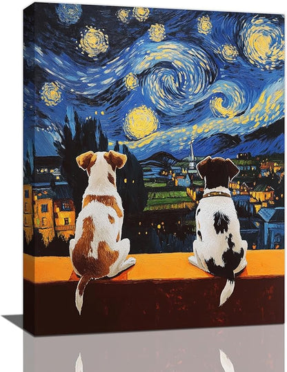 Dog Wall Art, Starry Night Dogs Pictures Wall Decor, Animal Canvas Prints Painting, Framed Artwork for Bathroom Living Room Bedroom Office Dining Room 24"X20"