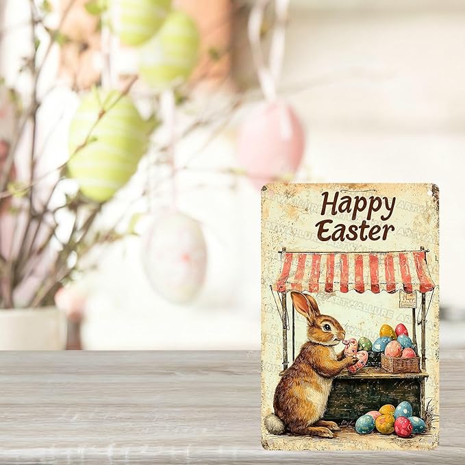 Metal Tin Sign Happy Easter Bunny Signs Vintage Wall Art Decor For Backyard Home Living Room Easter Garden Vintage Wall 8x12Inch