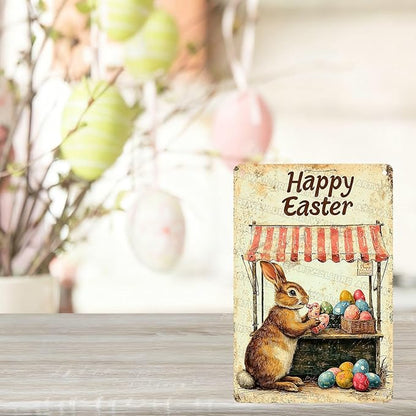 Metal Tin Sign Happy Easter Bunny Signs Vintage Wall Art Decor For Backyard Home Living Room Easter Garden Vintage Wall 8x12Inch