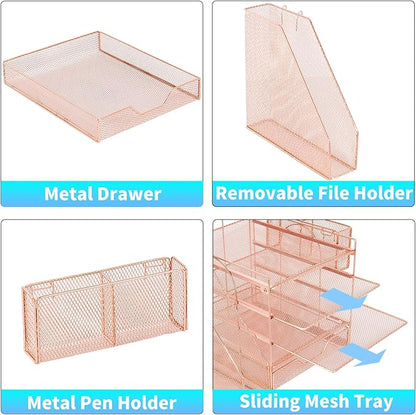 Desk Organizer, 5-Tier Paper Letter Tray Organizer with File Holder, Drawer and Pen Holder, Desktop Organizer for Office Supplies, Rose Gold