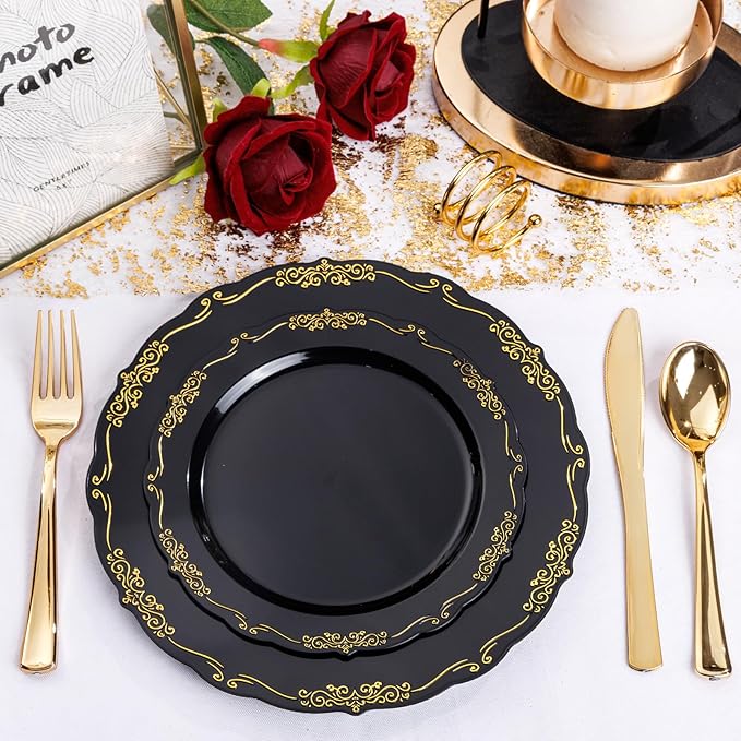 U-QE 100PCS Black Gold Plastic Plates - Heavy Duty Disposable Plates Including 50PCS 10'' Dinner & 50PCS 7.5'' Dessert Plates - Hard Plastic Plate for Party & Wedding