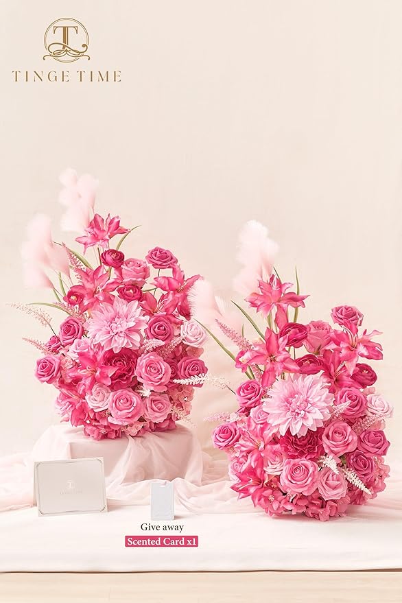 TINGE TIME Free-Standing Artificial Flower Set of 2, Table Centerpiece with Rubber Pad, Silk Fake Flower for Wedding Centerpiece Archway Aisle Welcome Entrance (Hot Pink)