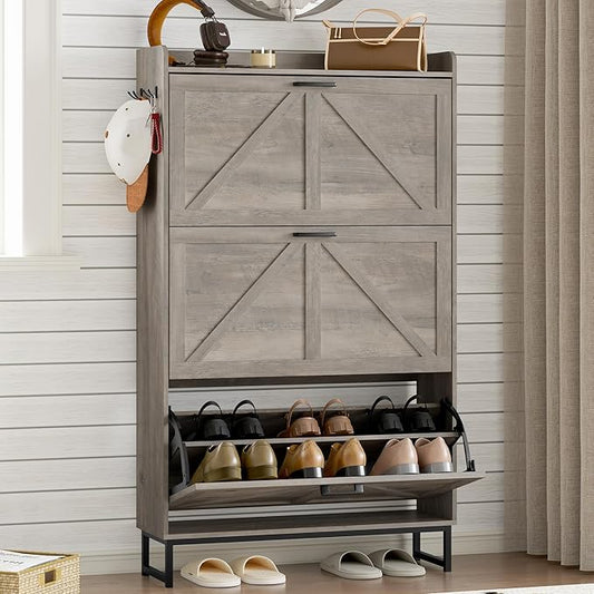 Shoe Cabinet with 3 Flip Drawers Narrow Shoe Storage Cabinet Organizer Wooden Freestanding Shoe Rack Hidden Slim Shoes Storage Cabinet for Entryway, Hallway, Living Room, Bedroom