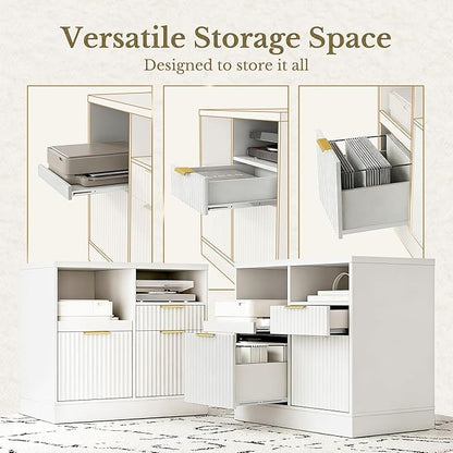 3 Drawer File Cabinet, Fluted Wood Lateral Filing Cabinet with Charging Station for Home Office, Fits for A4/Letter-Sized Files, Printer Stand with Open Storage Shelves, White