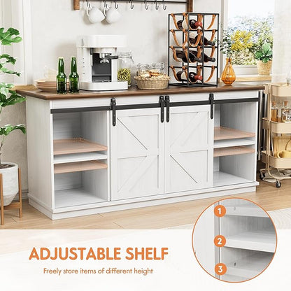 Shahoo Farmhouse Sideboard Buffet Cabinet, Coffee Bar Storage with Sliding Barn Doors, Shelf for Home Dining Room, White