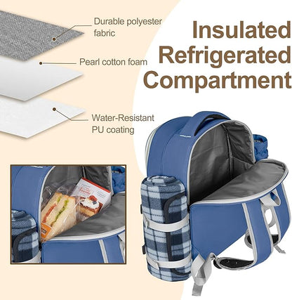 Picnic Backpack for 2 Persons with Insulated Leakproof Cooler Compartment, Cutlery Sets, Wine Holder, Fleece Blanket, Wedding Gifts for Couples, Perfect for Beach, Camping, Hiking, Blue