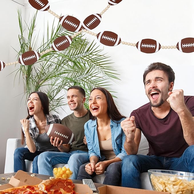 Wood Football Garland Banner Decorations,Football Wood Bead Banner Party Decor,for Wall Fireplace Mantle Home Office Spring Favors Sports Theme Birthday Tailgate Party Game Day Supplies