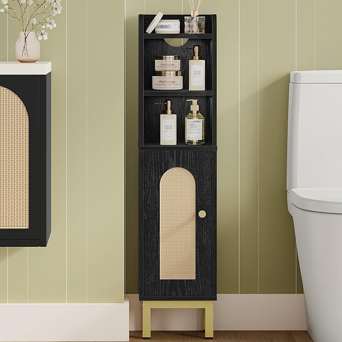 Bathroom Storage Cabinet, Small Corner Floor Cabinet with Door and Shelves, Narrow Toilet Paper Holder, Bathroom Organizer with Adjustable Shelf, for Small Spaces, Rattan Black BC08204Y