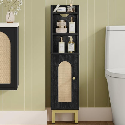 Bathroom Storage Cabinet, Small Corner Floor Cabinet with Door and Shelves, Narrow Toilet Paper Holder, Bathroom Organizer with Adjustable Shelf, for Small Spaces, Rattan Black BC08204Y