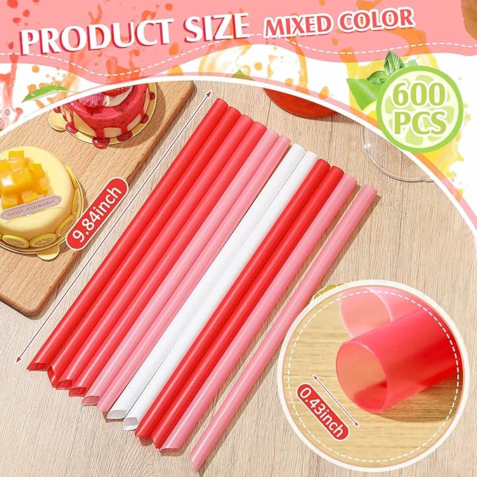 Tessco for you Jumbo Smoothie Straws Bulk Large Plastic Disposable Bubble Tea Straws Wide-Mouthed Individually Wrapped for Tall Homemade Milkshakes Drinking(9.84 Inch,Red,600 Pcs)